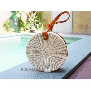 rattan sling bags circle design leather long handle